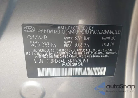 2019 Hyundai Elantra Sel z USA, uszkodzony, nr VIN 5NPD84LF6KH420191